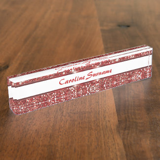 Faux Red Glitter Texture Look And Custom Text Desk Name Plate