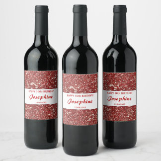 Faux Red Glitter Texture Look And Custom Text Wine Label