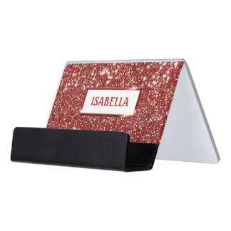 Faux Red Glitter Texture Look And Your Custom Name Desk Business Card Holder