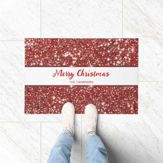 Faux Red Glitter Texture Look Merry Christmas Doormat