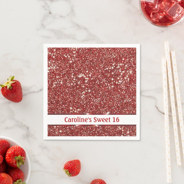 Faux Red Glitter Texture Look Sweet Sixteen Napkins (Insitu)