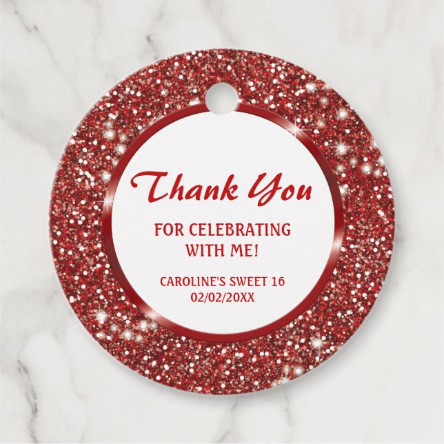 Faux Red Glitter Texture Look - Thank You Favor Tags (Front)