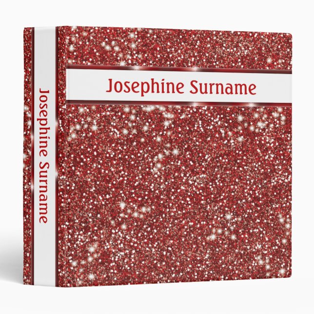 Faux Red Glitter Texture Look With Custom Name 3 Ring Binder (Front/Spine)