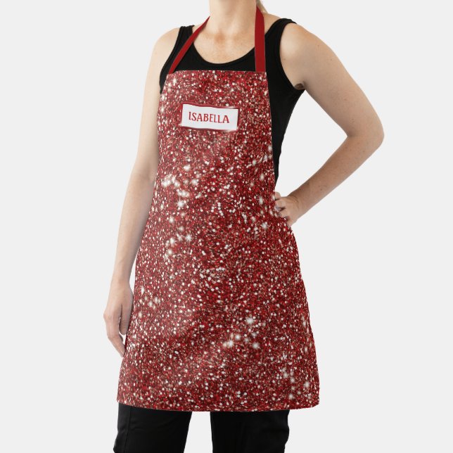 Faux Red Glitter Texture Look With Custom Name Apron (Insitu)