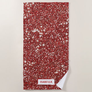 Faux Red Glitter Texture Look With Custom Name Beach Towel