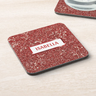 Faux Red Glitter Texture Look With Custom Name Beverage Coaster