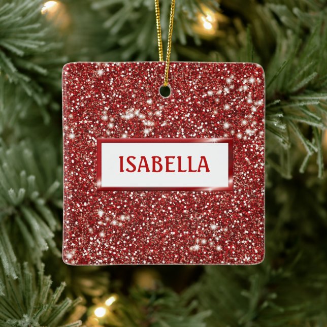 Faux Red Glitter Texture Look With Custom Name Ceramic Ornament (Tree)