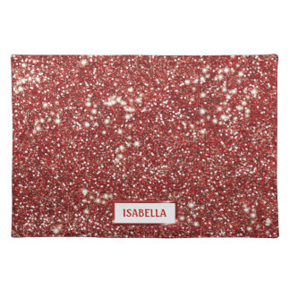 Faux Red Glitter Texture Look With Custom Name Cloth Placemat