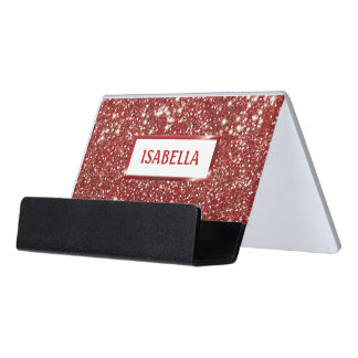 Faux Red Glitter Texture Look With Custom Name Desk Business Card Holder