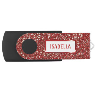 Faux Red Glitter Texture Look With Custom Name Flash Drive
