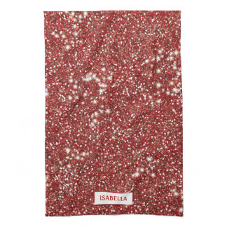 Faux Red Glitter Texture Look With Custom Name Kitchen Towel