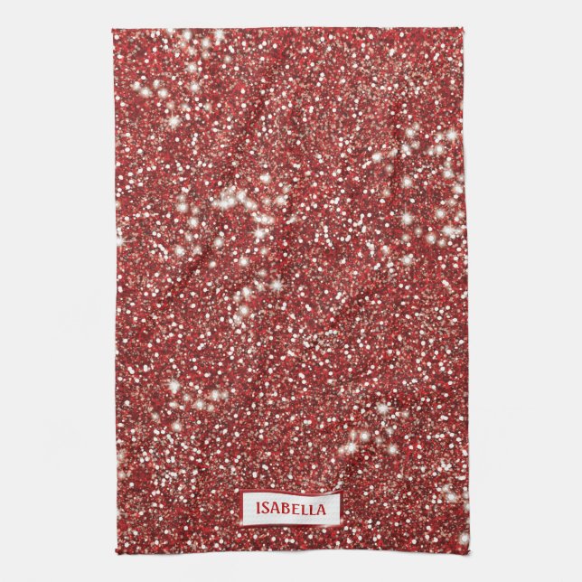 Faux Red Glitter Texture Look With Custom Name Kitchen Towel (Vertical)