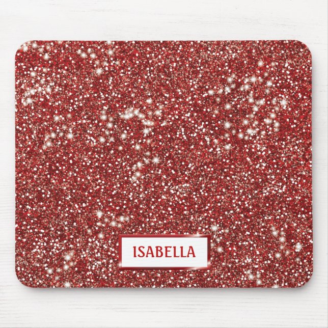 Faux Red Glitter Texture Look With Custom Name Mouse Pad (Front)