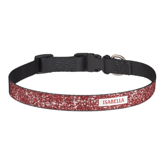 Faux Red Glitter Texture Look With Custom Name Pet Collar (Front)