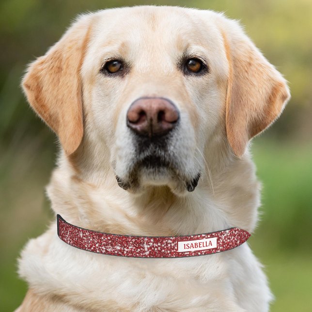 Faux Red Glitter Texture Look With Custom Name Pet Collar (Please note: This image is a digital mockup. The product may not be in scale.)