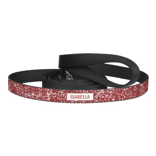 Faux Red Glitter Texture Look With Custom Name Pet Leash (Handle)