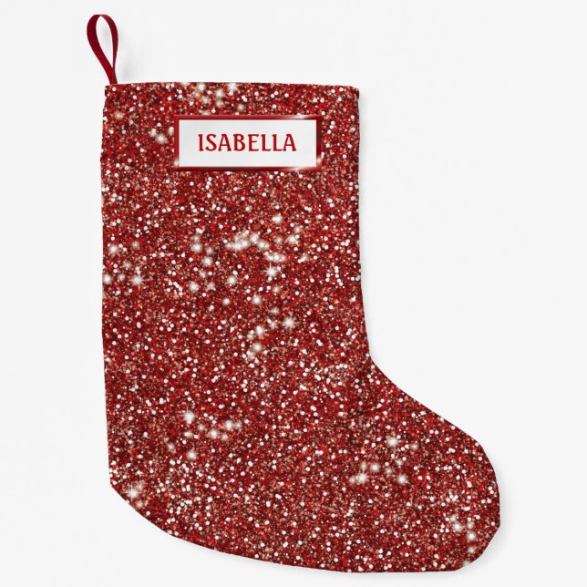 Faux Red Glitter Texture Look With Custom Name Small Christmas Stocking (Front)