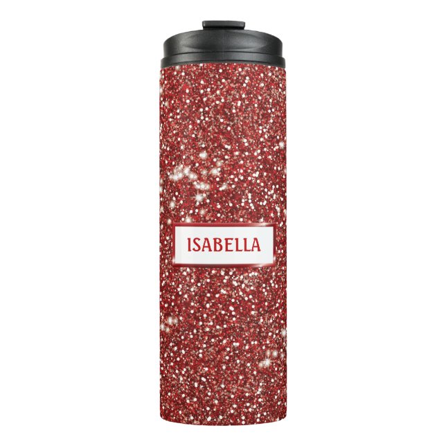 Faux Red Glitter Texture Look With Custom Name Thermal Tumbler (Front)