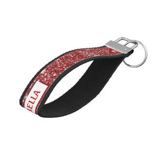 Faux Red Glitter Texture Look With Custom Name Wrist Keychain