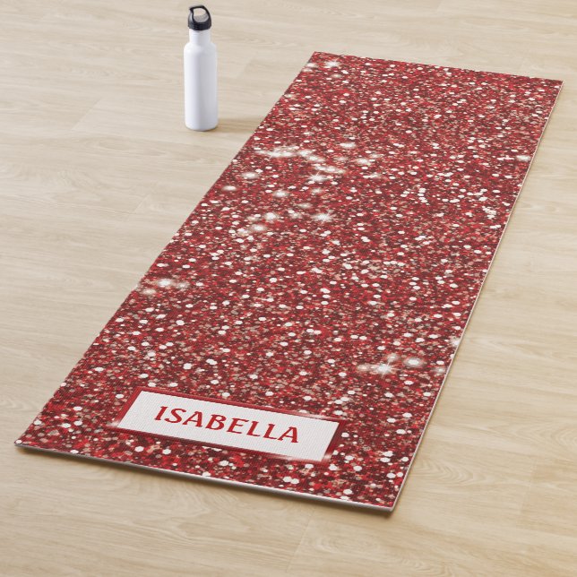 Faux Red Glitter Texture Look With Custom Name Yoga Mat (In Situ)