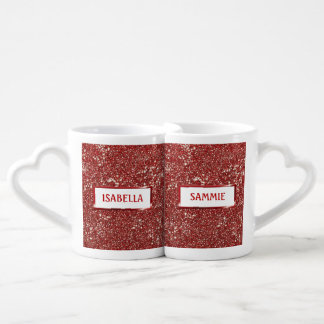 Faux Red Glitter Texture Look With Custom Names Coffee Mug Set