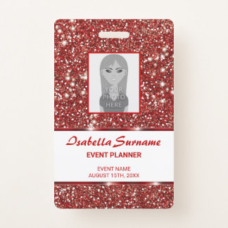Faux Red Glitter Texture Look With Custom Text Badge