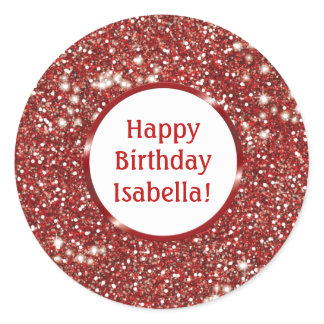 Faux Red Glitter Texture Look With Custom Text Classic Round Sticker