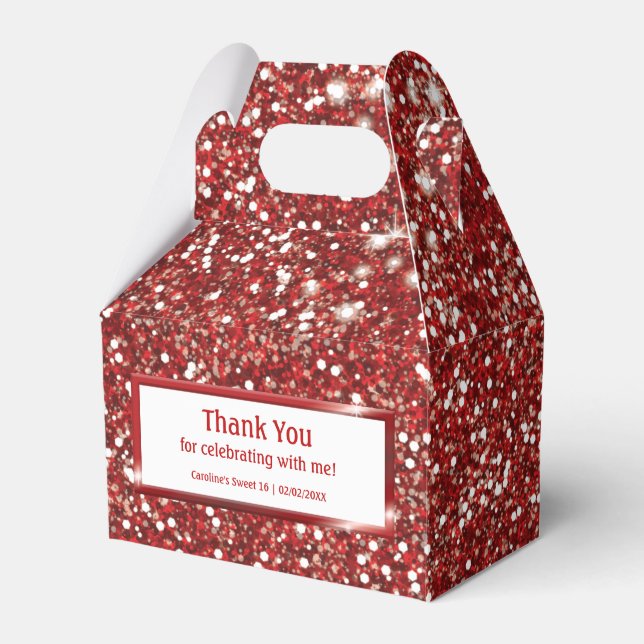 Faux Red Glitter Texture Look With Custom Text Favor Boxes (Front Side)