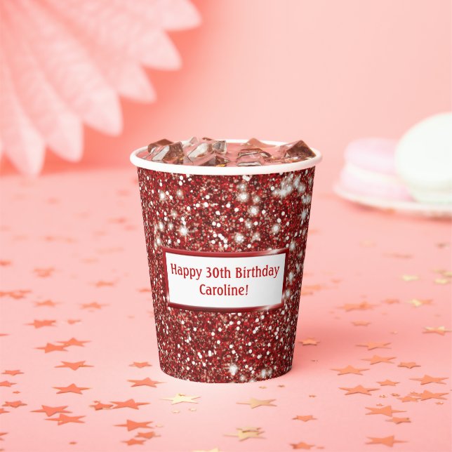 Faux Red Glitter Texture Look With Custom Text Paper Cups (Insitu)