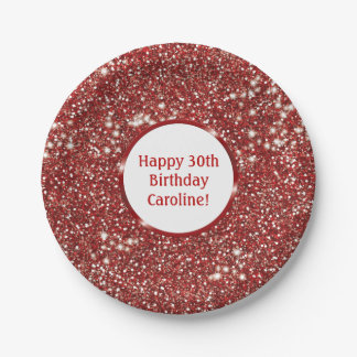 Faux Red Glitter Texture Look With Custom Text Paper Plates