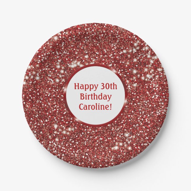 Faux Red Glitter Texture Look With Custom Text Paper Plates (Front)