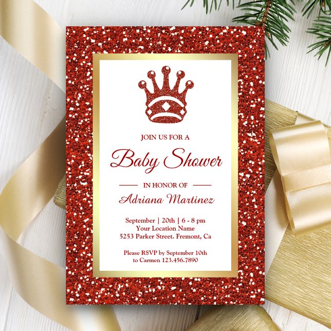 Faux Red Glitter Tiara Princess Baby Shower Invitation (Creator Uploaded)