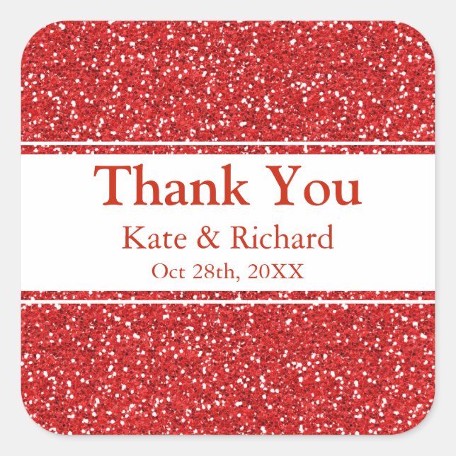 Faux Red Glitter Wedding Thank You Square Sticker (Front)