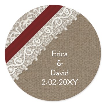 FAUX red lace and burlap , wedding seals