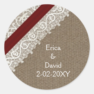 FAUX red lace and burlap , wedding seals