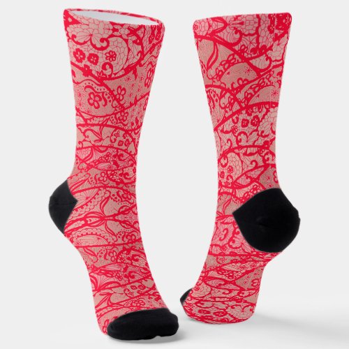 Faux Red Lace Fishnet Flowers Romantic Socks