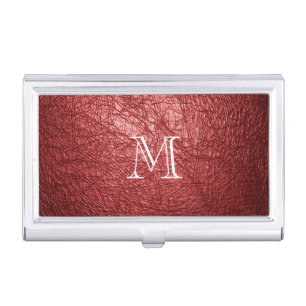 Faux Red Leather Monogram Business Card Holder