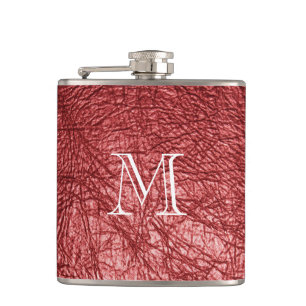 Faux Red Leather Monogram Stainless Steel Flask