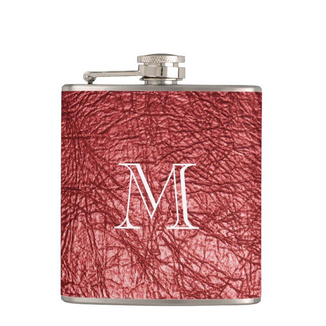 Faux Red Leather Monogram Stainless Steel Flask (Front)