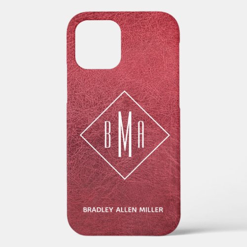 Faux Red Leather White Monogram Personalized iPhone 12 Case