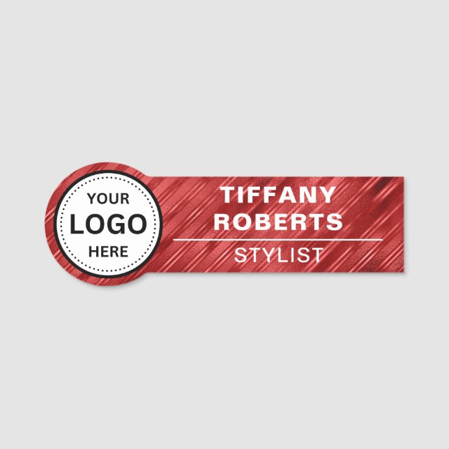 Faux Red Metallic Company Logo Employee Name Tag (Front)