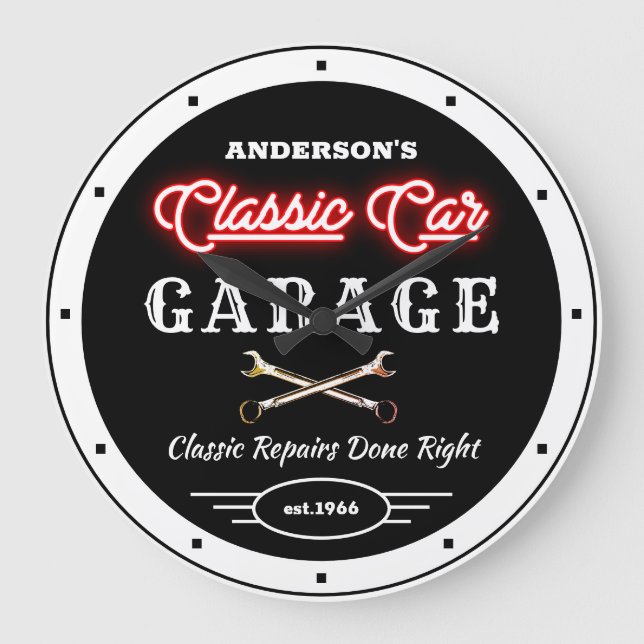 Faux Red Neon Classic Car Garage Any Name    Large Clock (Front)