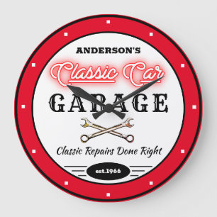 Faux Red Neon Classic Car Garage Any Name  Large Clock