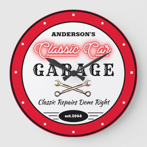 Faux Red Neon Classic Car Garage Any Name  Large Clock