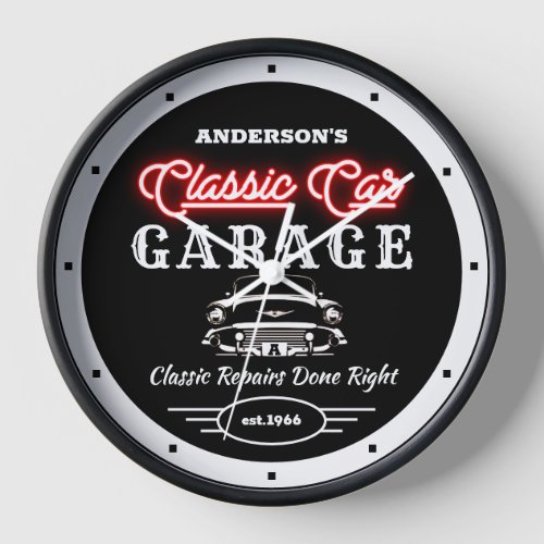 Faux Red Neon Classic Car Garage Auto and Name    Clock