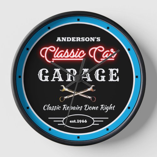 Faux Red Neon Classic Car Garage Slogan Name    Clock