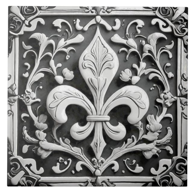 Faux Relief Black and White Fleur de Lis Ceramic Tile (Front)