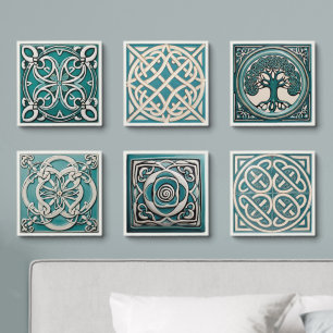 Faux Relief Blue Green Celtic Pattern Collection Peel And Stick Photo Tile