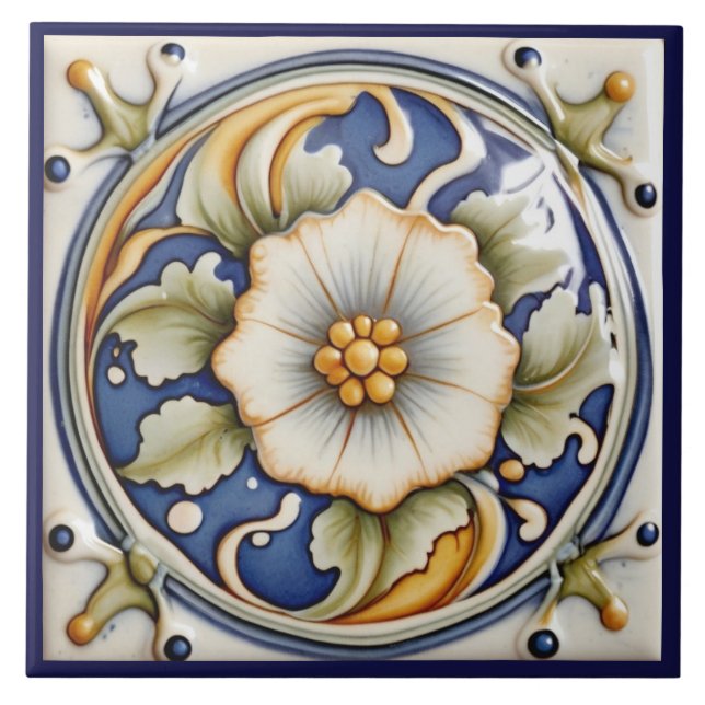 Faux Relief Flower Art Deco Blue White Floral Ceramic Tile (Front)