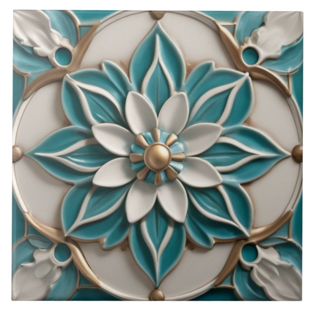 Faux Relief Flower in Turquoise Teal White & Gold Ceramic Tile (Front)